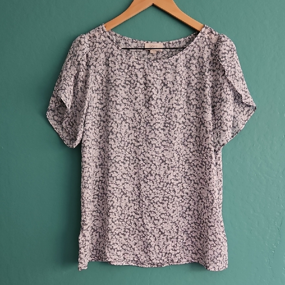 LOFT Dusty Blue and White Floral Blouse